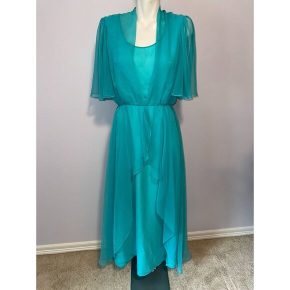 Vtg 70s Mike Benet Blue Chiffon Flowy Fairycore Angel Dress Size Medium Large - Picture 2 of 9